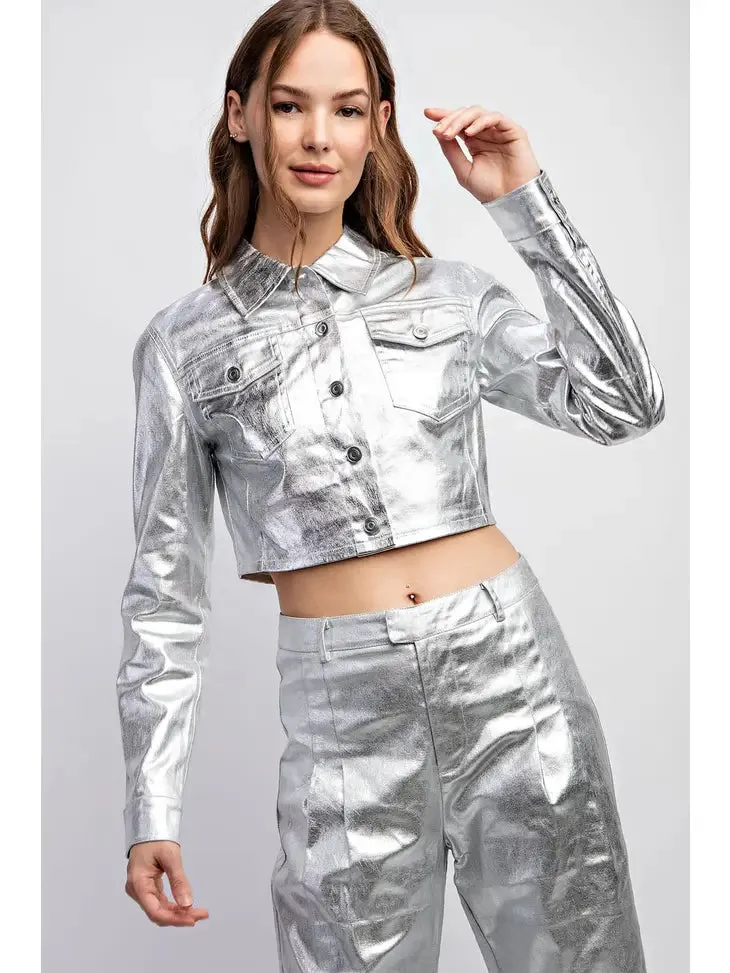 Metallic Fabric Crop Jacket Pocket