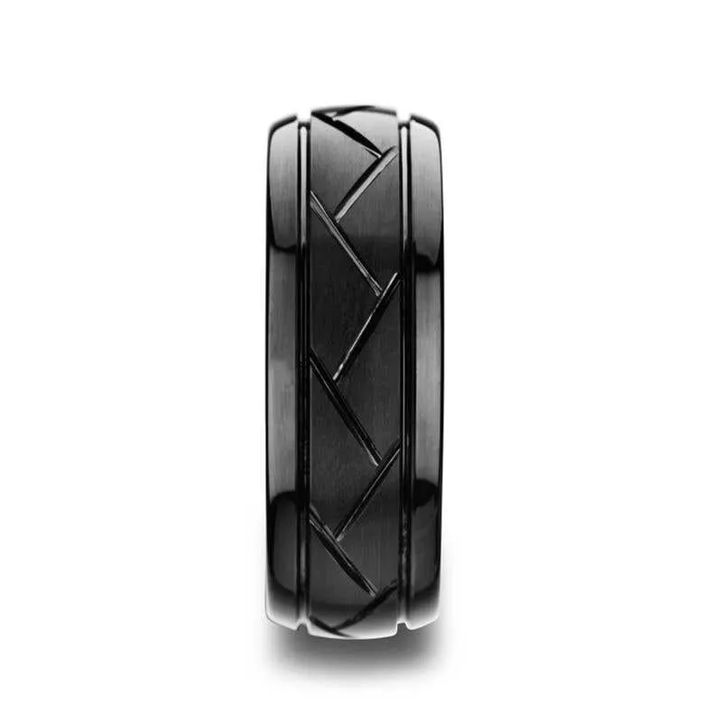 Thorsten ENIGMA Domed Black Tungsten Ring with Brushed Cross Alternating Diagonal Cuts Pattern - 8mm