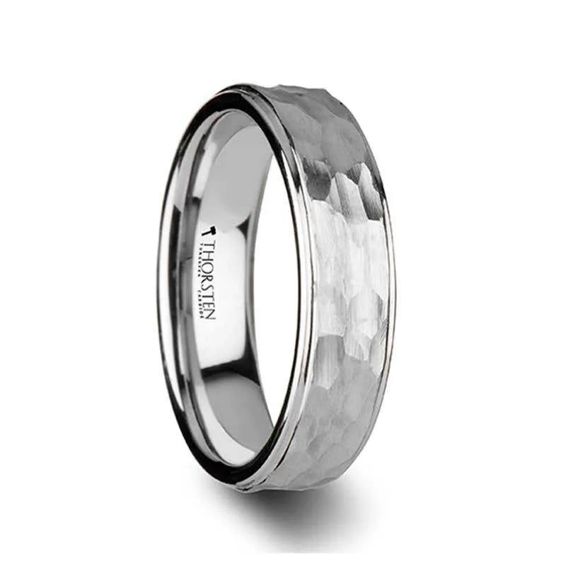 Thorsten WINSTON White Tungsten Ring with Raised Hammered Finish and Polished Step Edges - 4mm - 10mm